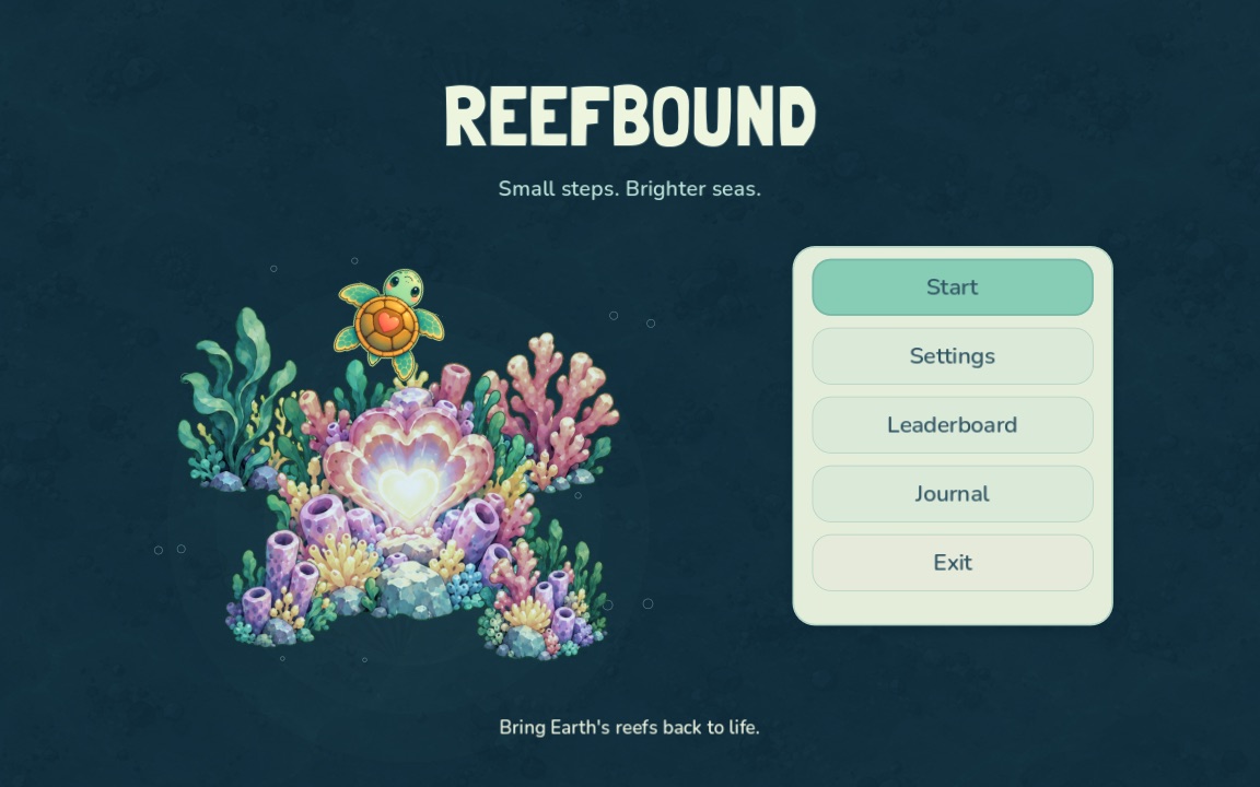 Reefbound title screen: Shelly the turtle above a glowing heart reef